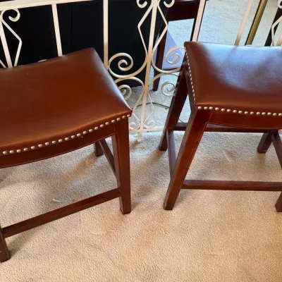 Pair of Wood Counter Stools with Brown Upholstered Seats