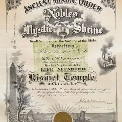 1920 Shriners Kismet Temple Life Membership Certificate – Brooklyn, NY