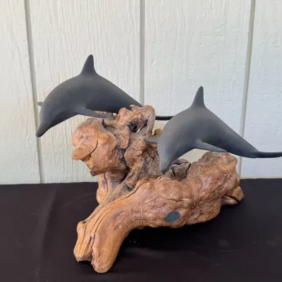 John Perry Dolphin Sculpture on Burlwood Base