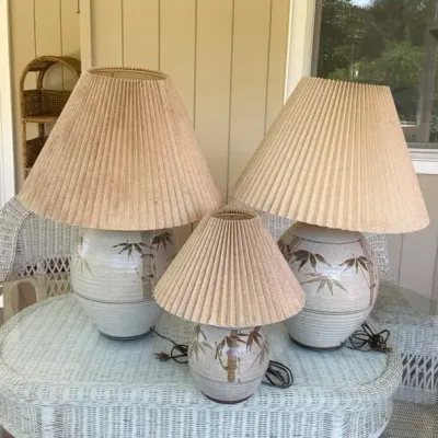Trio of Bamboo Motif Studio Pottery Table Lamps