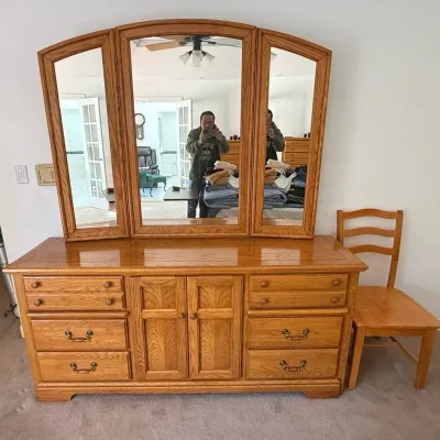 Solid Oak Dresser with Tri-Fold Mirror