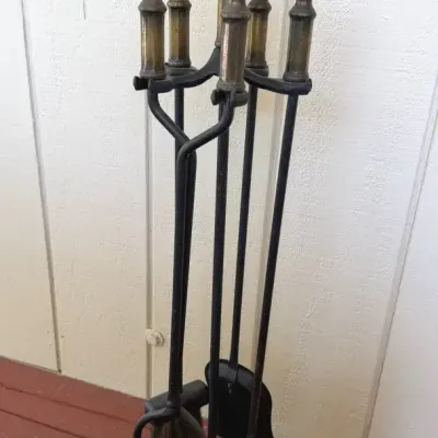 Vintage Brass & Black Iron Fireplace Tool Set – 5 Pc + Stand