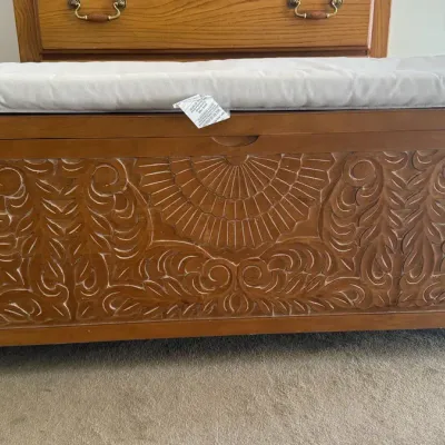 Carved Wooden Storage Bench with Upholstered Cushion