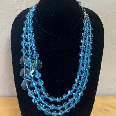 Triple Strand Blue Faceted Bead Statement Necklace