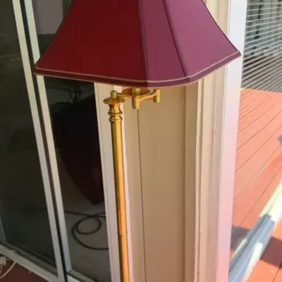 Heavy Brass Swing-Arm Floor Lamp with Burgundy Shade