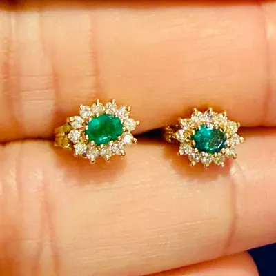 14K Gold Emerald & Diamond Halo Stud Earrings-1.6g