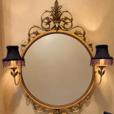 Ornate Round Gilt Metal Wall Mirror W/Matching Sconces