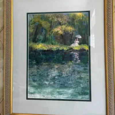 Signed L. Brisky Impressionist Garden Pond Scene Framed Artwork