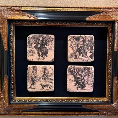Framed Set of Four Vintage-Style Stone Art Tiles
