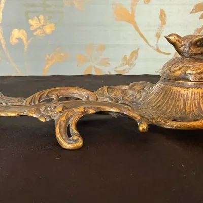 Italian Brass Ornate Bird Inkwell & Pen Rest – Made in Italy