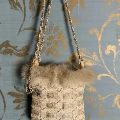 Vintage Beaded Evening Purse with Fur-Like Trim & Fringe  Made in the Philippines
