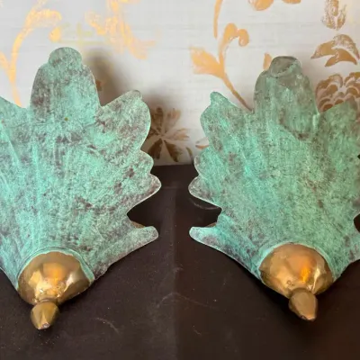 Pair of Verdigris & Gold-Tone Leaf Wall Sconces
