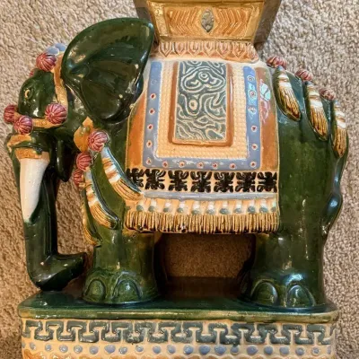 Ornate Ceramic Elephant Garden Stool / Accent Table With Glass Too