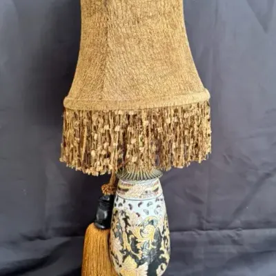 Vintage Satsuma-Style Porcelain Table Lamp with Fringed Shade