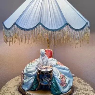 Signed Capodimonte “Lady Taking Tea” Porcelain Figure Table Lamp