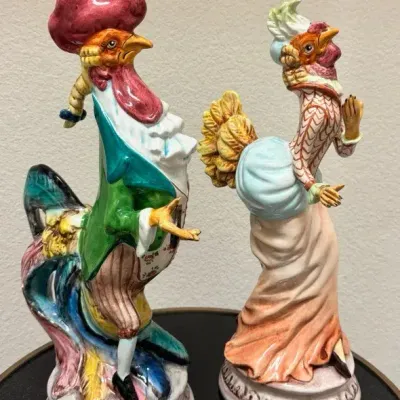 Pair of Italian Hand-Painted Anthropomorphic Rooster & Hen Figurines