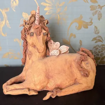 Whimsical Signed Handcrafted Clay Unicorn Sculpture with Wings