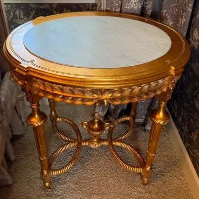 Ornate Gilt Round Accent Table with Marble-Top Insert
