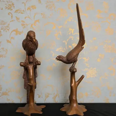 Pair of Large Solid Brass Parrot Sculptures – Made in Thailand