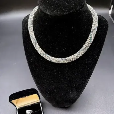 Vintage Ciner Rhinestone Collar Necklace And Serling Silver With Blue And Clear Stone Ring