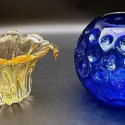 Vintage Murano Style Gold Hand Blown Art Glass Floral Vase & Blue Glass Honeycomb Design Ball Vase 