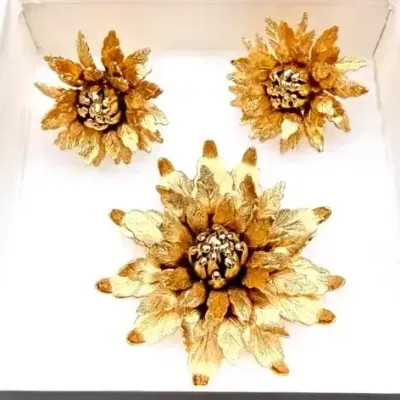 Monet Gold-toned Flower Brooch And Clip-on Earring Set
