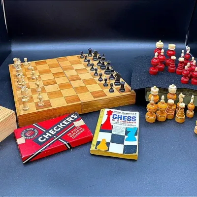 Vintage Chess And Checkers Handcarved Wood Pieces And Board