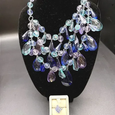 Sunburst Tanzanite Ring And Worthington Multi-Strand Blue & Lavendar Lucite Teardrop Beaded Necklace