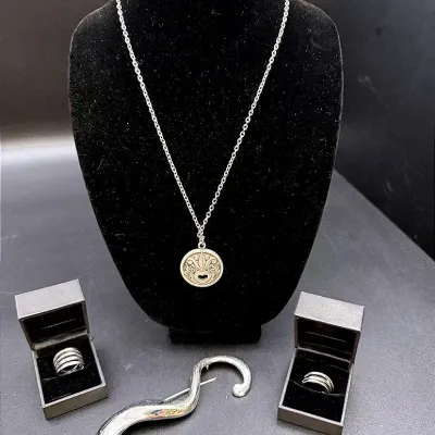 14K Italy Multi-row Rings, Sweden Heart And Flower Pewter Necklace, And A Brooch