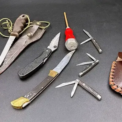 Collectible Imperial Pocket Knives, Buck 123 Filet Knife, Stauer Leather Sheath & Briddell Ice Pick