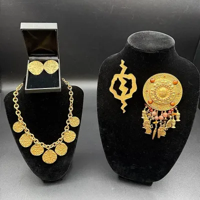 Monet Roman Coin Necklace And Clip-on Earring Set And Egyptian Revival Brooches