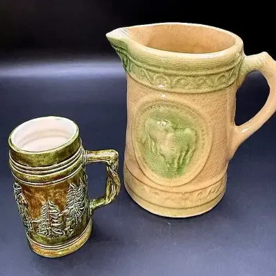 Antique Grazing Cows Stoneware Salt Grazed Pitcher & 1974 Green Ceramic Beer Stein