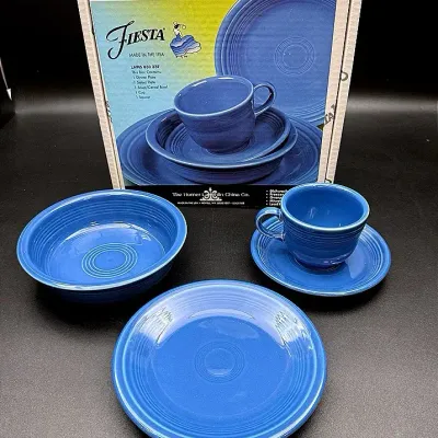 Fiestaware Blue Teacup And Saucer, Cereal Bowl, And Salad Plate In Original Packaging