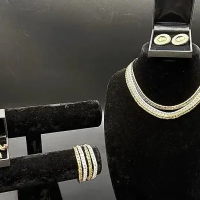 Multi-Strand Gold-toned & White Necklace, Bracelet And Clip-on Earring Set & Napier Elephant Pin