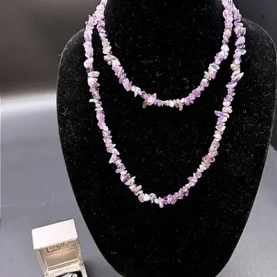 40” Single Strand Genuine Stone Amethyst Necklace And A Silver-toned Purple Stone Ring