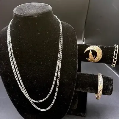 Mexican Sterling Silver Brooch And Bracelet, SS BREV Charm Bracelet And A Silver-toned Chain 