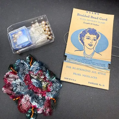 Vintage Nylon Braided Bead Cord, Pearl Beads And Vintage Sequin Dress Patch