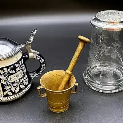 Antique Westeras Metall-Fabrik Brass Mortar And Pestle Set, Heidelberg Stein & German Ceramic Stein