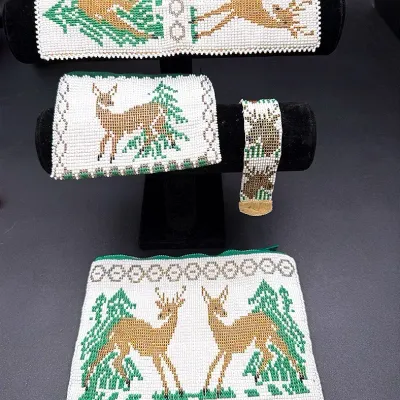 Buck, Doe And Pine Tree Seed Bead & Buckskin Wallet, Coin Purse, Clutch Bag and Keychain 