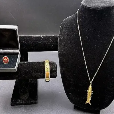 Gold-toned Hinged Bangle Bracelet, Articulated Fish Pendant Necklace And Dove Lapel Pin