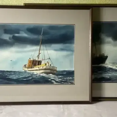 Halibut Boat, "Agnes" by Steve Mayo Watercolor 1978/Other Boat Painting 