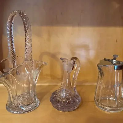 Heisey Syrup/Sauce Pitcher, Tinted Cruet, & Brides Basket 