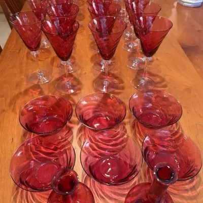 Cranberry Swirl Glass 53 Pieces 