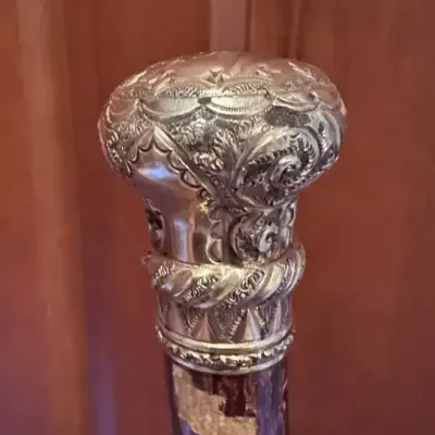 Natural Vine-Twisted Wooden Walking Stick W/Embossed Silver Pommel Knob 
