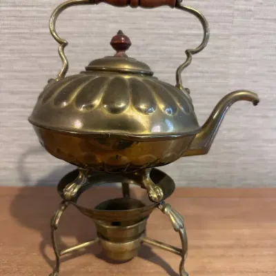 Spirit Kettle / Tea Warmer w/ Stand & Burner Wood Handle –c. 1930s–1960s