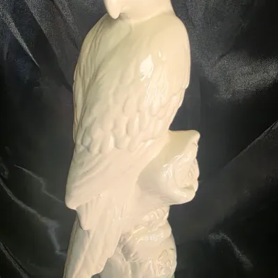 Large Glossy White Ceramic Cockatoo Parrot Figurine on Tree Stump Branch