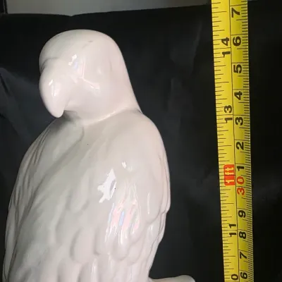 Large Glossy White Ceramic Cockatoo Parrot Figurine on Tree Stump Branch