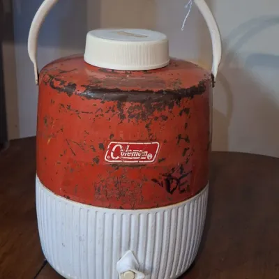Vintage Coleman Red & White Insulated Water Cooler Jug with Spigot & Carry Handle