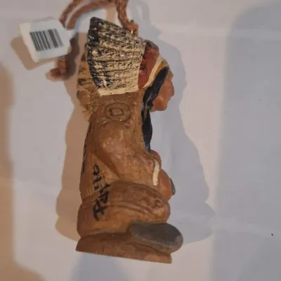 Ornament- Native American Style Seated Hunter Warrior Figurine with Feather Headdress & Rifle