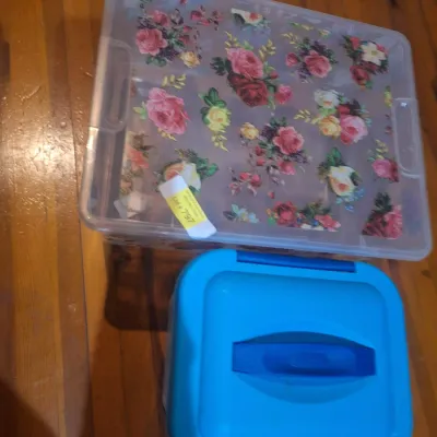 Two Plastic Storage Containers with Lids – Floral Organizer Box & Sterilite Blue-Lid Container
